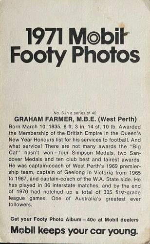 1971 Mobil Footy Photos WAFL #6 Graham Farmer Back
